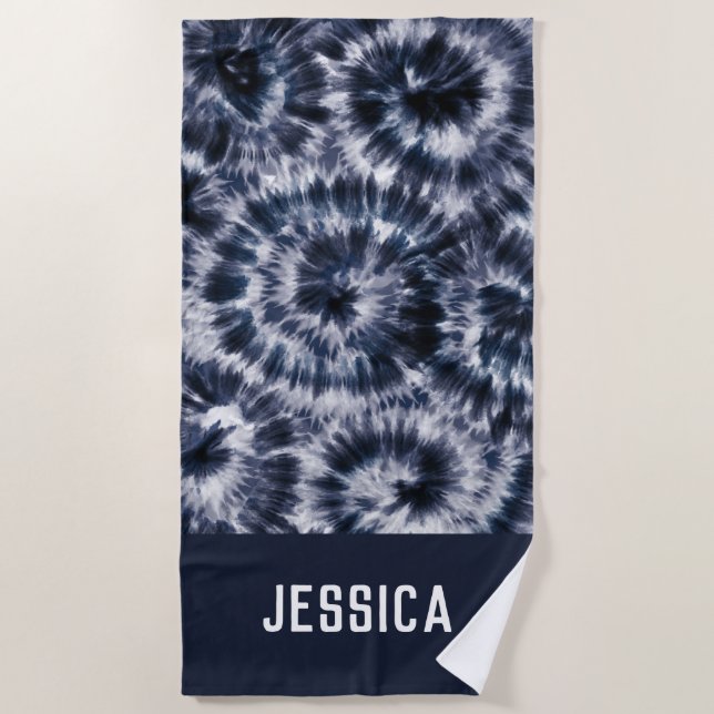 Blue Indigo Shibori Gefärbte Krawatte Personalisie Strandtuch (Vorderseite)