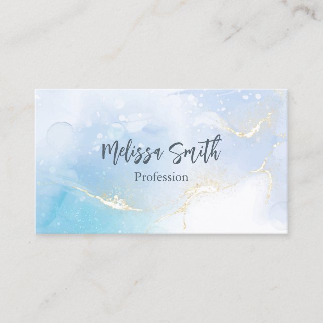 Blue Ink Watercolor Gold Agate Scan QR Code Visitenkarte (Vorderseite)