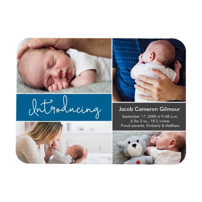 Blue Introducing Baby Boy Custom Foto Collage Magnet (Horizontal)