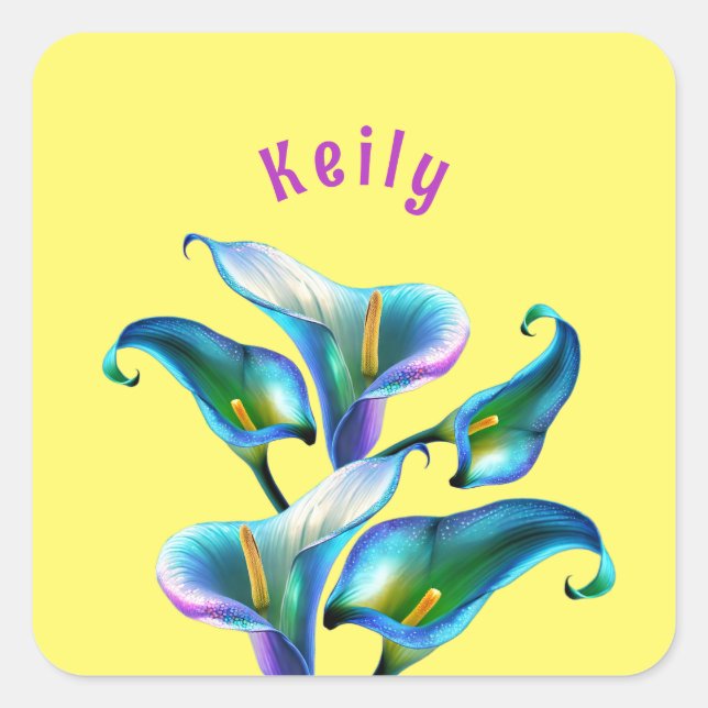 Blue Iridescent Holographic Calla Lilies Quadratischer Aufkleber (Vorderseite)