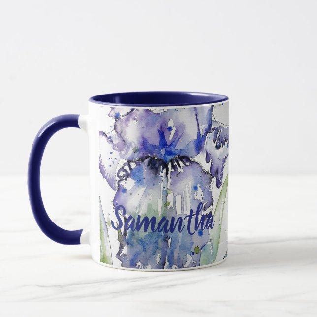 Blue Iris Art floral Aquarelle Fleur femmes Mug (Gauche)