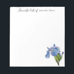 Blue Iris Blume Aquarell Notizblock<br><div class="desc">Elegantes,  helles,  fröhliches Notizblock mit Aquarellbildern von Blue Iris. . Schön für die Erinnerung Noten! Dieses Notizblock macht wunderbare Jugendherbergsgeschenke. "Bearbeiten Sie diese Vorlage"-Kästchen auf der rechten Seite des Elements,  oder klicken Sie auf die blaue Schaltfläche "Anpassen",  um den Text zu ordnen,  ändern Sie die Schriftart und Farben.</div>