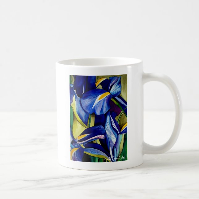 Blue Iris Blume Original Aquarellmalerei Kaffeetasse (Rechts)