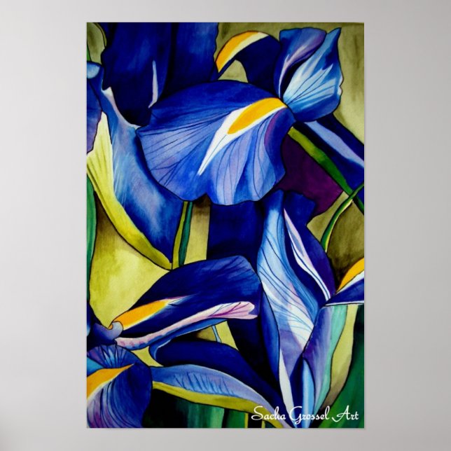 Blue Iris Blume Original Aquarellmalerei Poster (Vorne)