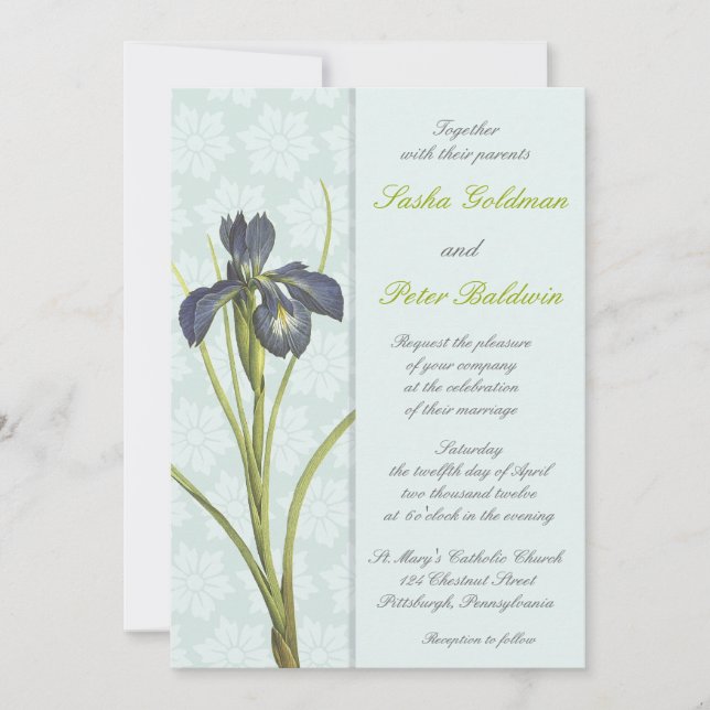 Blue Iris Floral Wedding Einladung (Vorderseite)