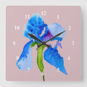 Blue Iris moderne Aquarellkunst Quadratische Wanduhr