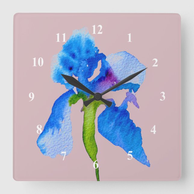 Blue Iris moderne Aquarellkunst Quadratische Wanduhr (Vorderseite)