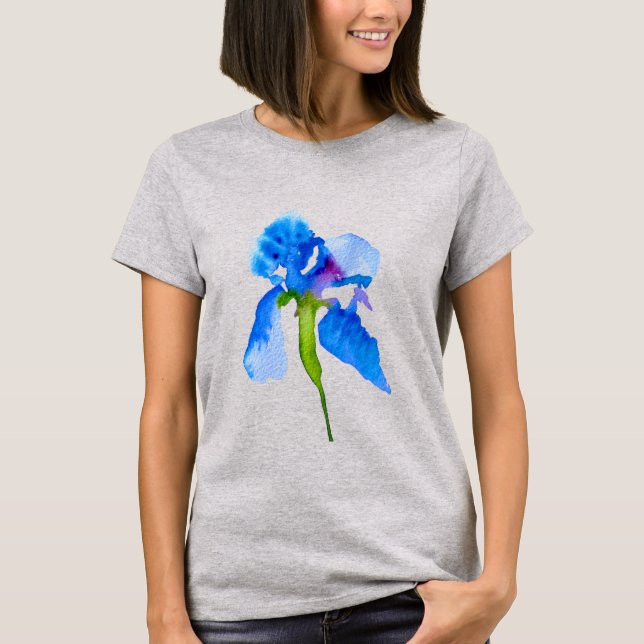 Blue Iris moderne Aquarellkunst T-Shirt (Vorderseite)