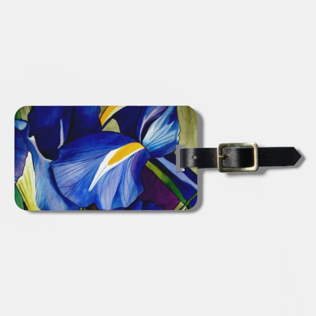Blue Iris Original Art Aquarell Blume Gepäckanhänger (Vorderseite horizontal)