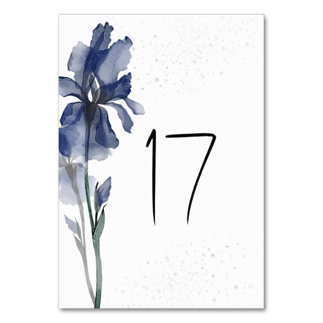Blue Iris Simple Floral Watercolor Wedding Tischnummer (Vorderseite)