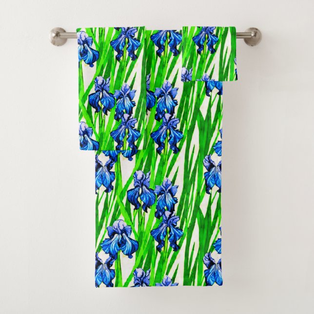 Blue Iris Watercolor-Muster Badhandtuch Set (Insitu)