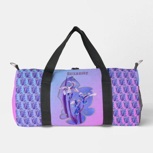 Blue Irises floral Art Personalisiert Duffle Bag (Vorderseite)