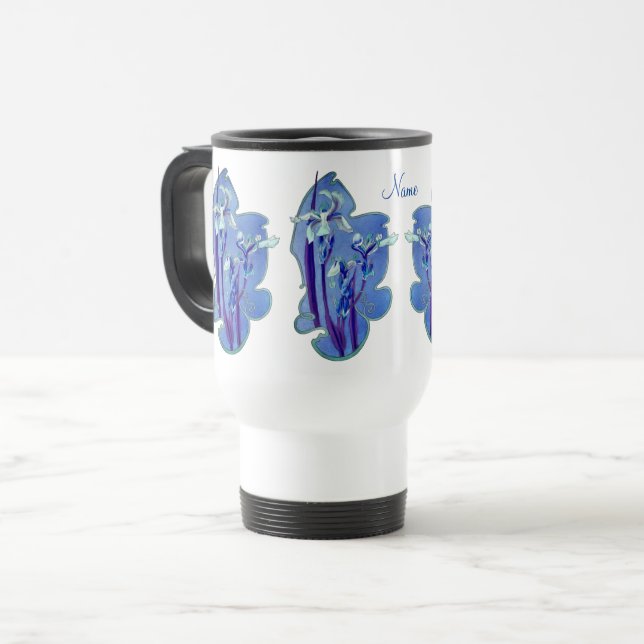 Blue Irises floral Art Personalisiert Reisebecher (Vorderseite Links)