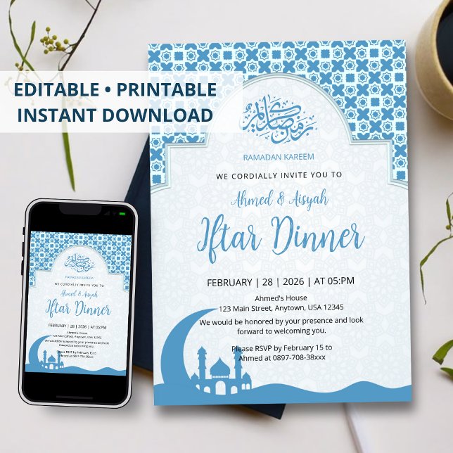 Blue Islamic Pattern Iftar Dinner Invitation (Créateur téléchargé)