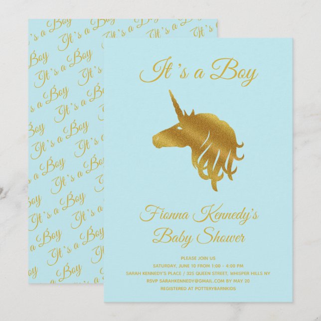 Blue It is a Boy Unicorn Baby Shower Einladung (Vorne/Hinten)