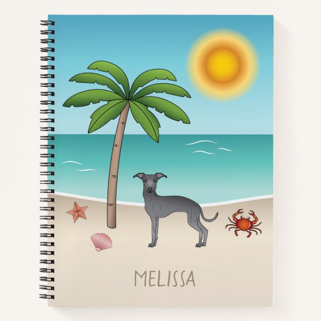 Blue Italian Greyhound im Tropical Summer Beach Notizbuch (Vorderseite)