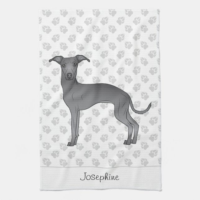Blue Italian Greyhound mit Individuelle Name Geschirrtuch (Vertikal)