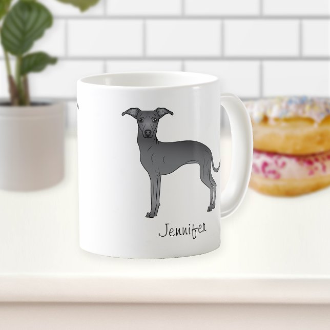 Blue Italian Greyhound Niedlicher Cartoon Hund mit Kaffeetasse (Von Creator hochgeladen)
