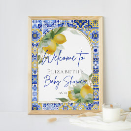 Blue Italian Tiles Arch Citrus Lemons Willkommen Poster