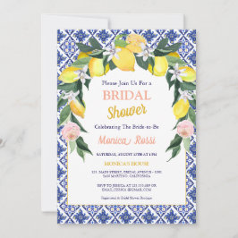 Blue Italian Tiles Lemon Summer Brautparty Einladung