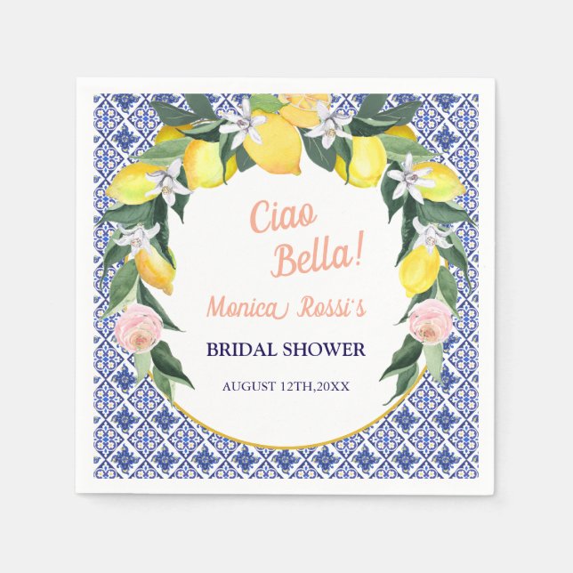 Blue Italian Tiles Lemons Ciao Bella Brautparty Serviette (Vorderseite)