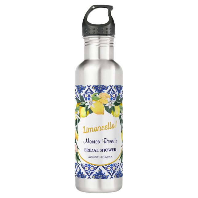 Blue Italian Tiles Limoncello Brautparty Gift Edelstahlflasche (Vorderseite)