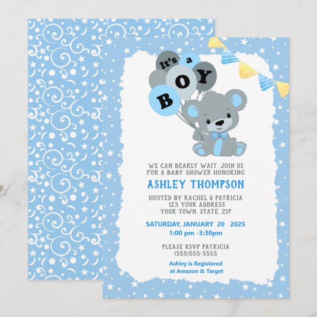 Blue It's a Boy Bear Balloons Baby Shower Einladung (Vorne/Hinten)