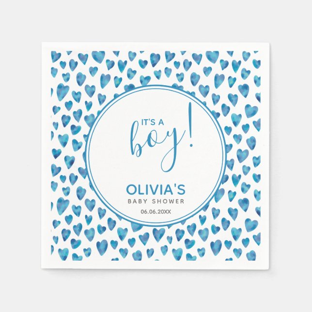 Blue It's a Boy Heart Baby Shower Serviette (Vorderseite)