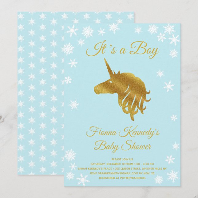 Blue It's a Boy Unicorn Winter Baby Shower Einladung (Vorne/Hinten)