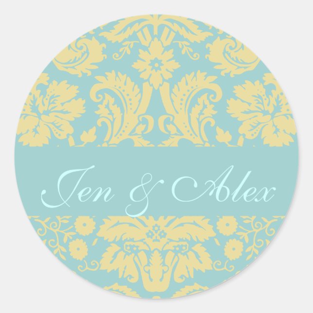 Blue Ivory Bride Groom Damask Wedding Siegel Runder Aufkleber (Vorderseite)