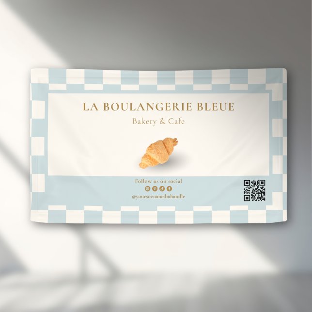 Blue Ivory Checker Croissant QR Bakery Marketing Banner (Von Creator hochgeladen)