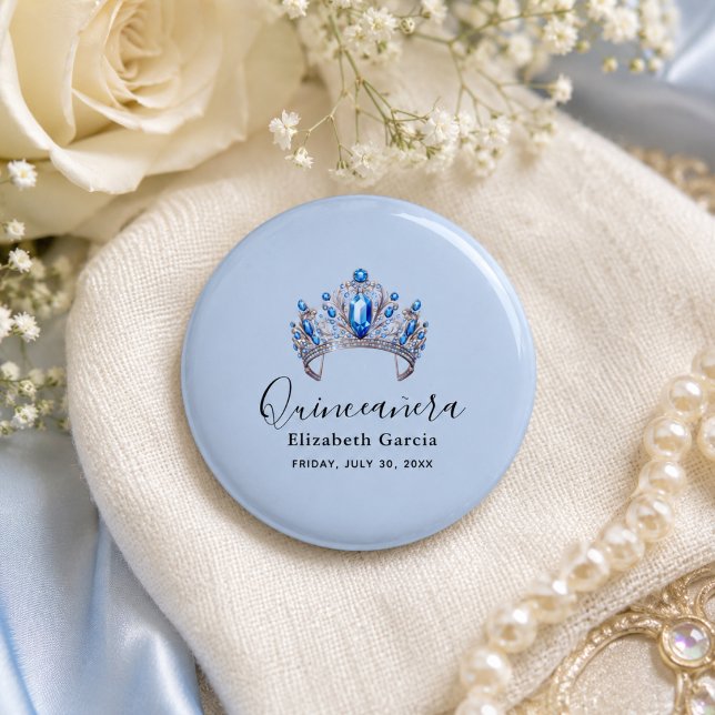 Blue & Ivory Floral Quinceñera Button (Blue & Ivory Floral Quinceañera Button)