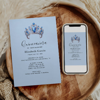 Blue & Ivory Floral Quinceñera Einladung