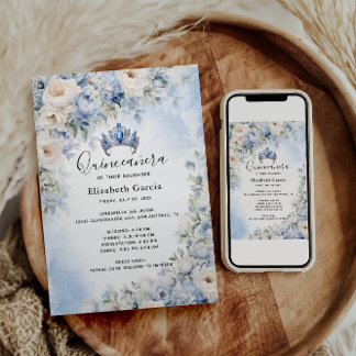 Blue & Ivory Floral Quinceñera Einladung