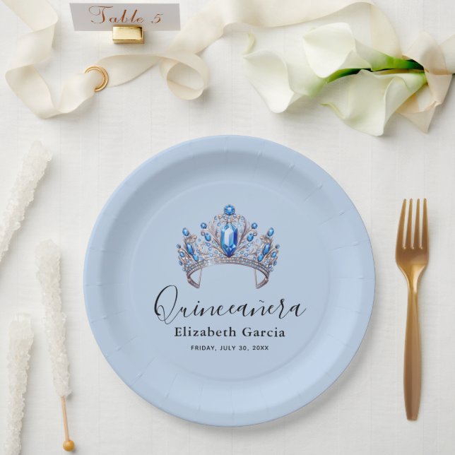 Blue & Ivory Floral Quinceñera Pappteller (Hochzeit)