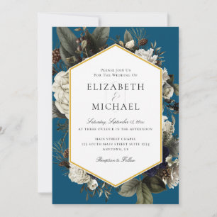 Blue Ivory Winter Bouquet bemalt Blume Hochzeit Einladung