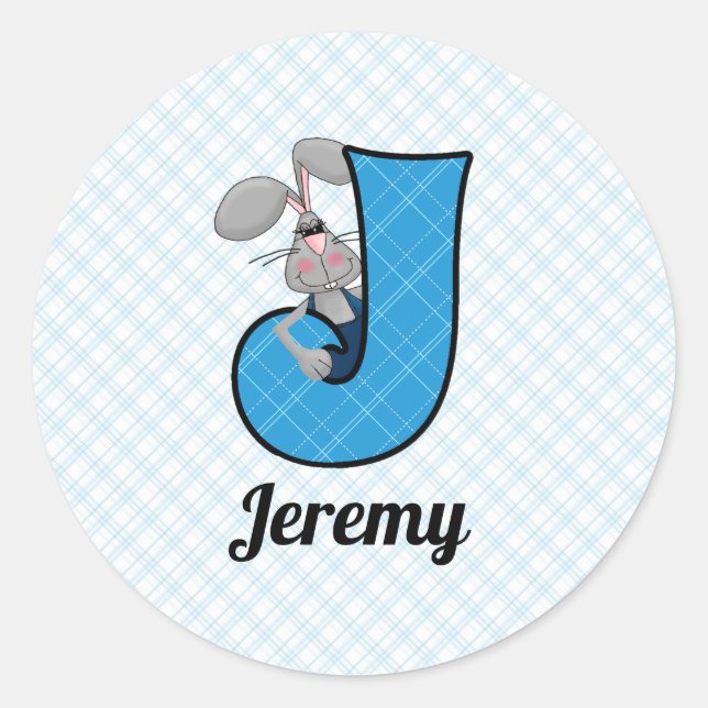 Blue Jackrabbit Monogram Letter J und Name Runder Aufkleber (Vorderseite)