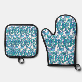 Blue Jade Vine Flower Floral Ofenhandschuh & Topflappen-Set