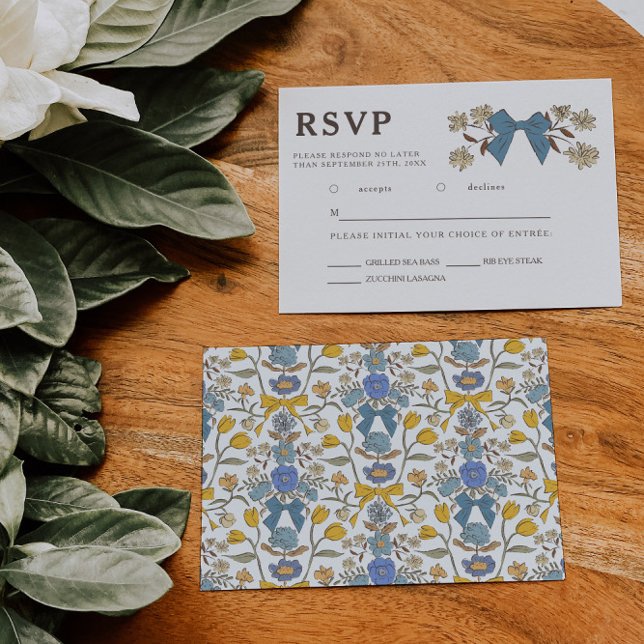 Blue Jaune Bow Floral Wedding RSVP Meal Choice (Créateur téléchargé)