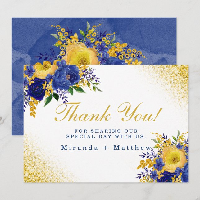 Blue Jaune Floral Or Mariage Merci Cartes (Devant / Derrière)