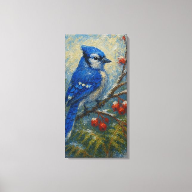 Blue Jay auf Berry Branch - farbenfrohe Vogelwelt Leinwanddruck (Vorderseite)