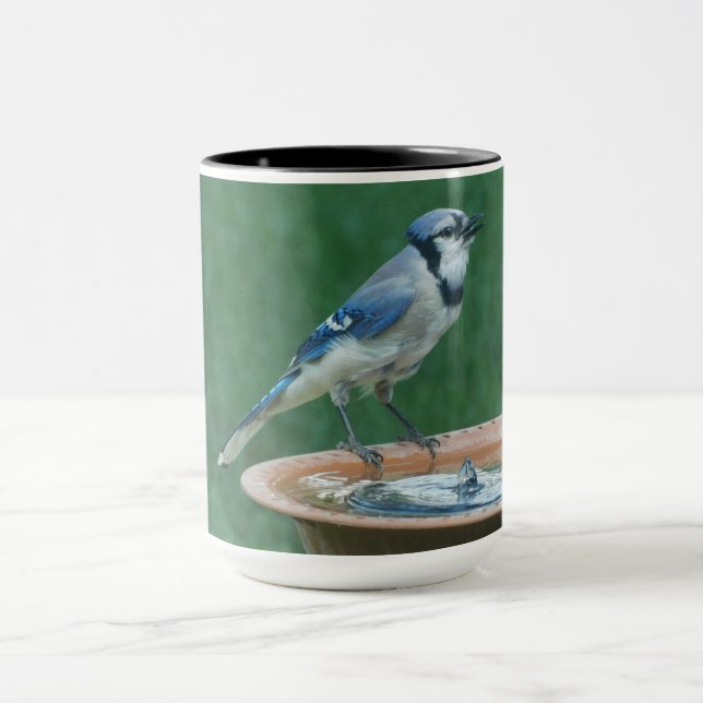 Blue Jay auf Bird Bath Bird Fotografy 15oz Coffee Tasse (Zentrum)