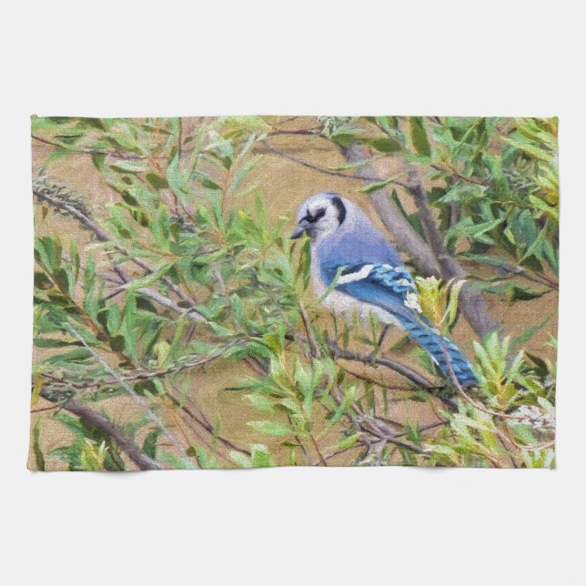 Blue Jay auf Wax Myrtle Geschirrtuch (Horizontal)