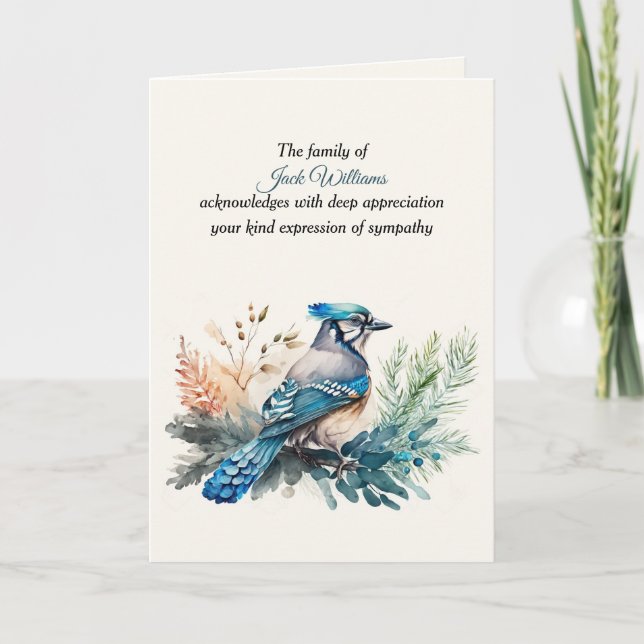 Blue Jay Beileid Vielen Dank von Familie Karte (Vorderseite)