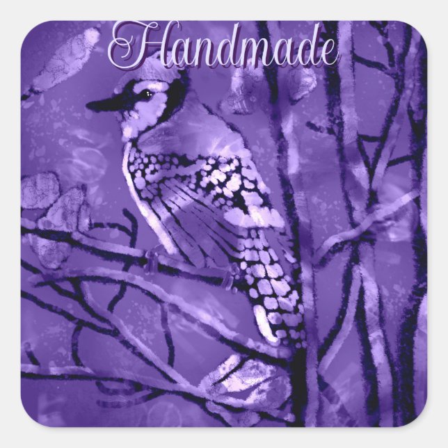 Blue Jay Bird auf Baumzweig Handmade Quadratischer Aufkleber (Vorderseite)