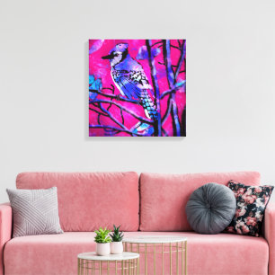 Blue Jay Bird auf Baumzweig Rosa Abstrakte Kunst Leinwanddruck