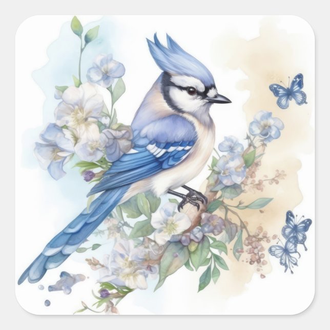 Blue Jay Bird Blume Springtime Summer Nature Quadratischer Aufkleber (Vorderseite)