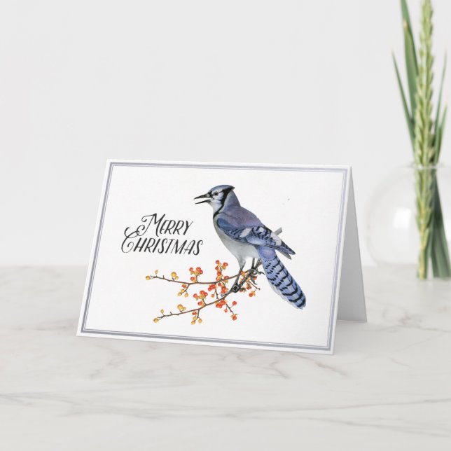Blue Jay Bird Frohe Weihnachten Berry Silver Natur (Vorderseite)