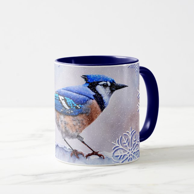 Blue Jay Bird Snow Winter Holiday Tassen Cup (VorderseiteRechts)