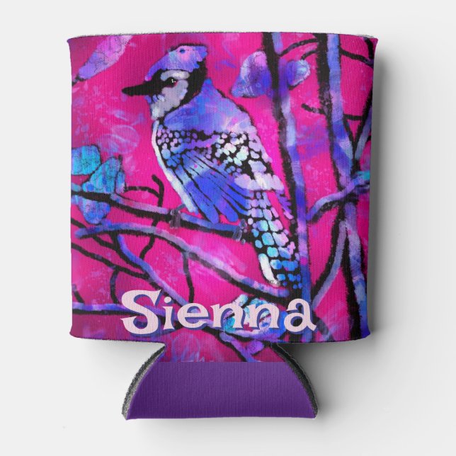 Blue Jay Bird Tree Branch Pink Personalized  Dosenkühler (Vorderseite)